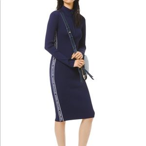 NWT MICHAEL KORS Logo Tape Ribbed Knit Zip Dress navy blue